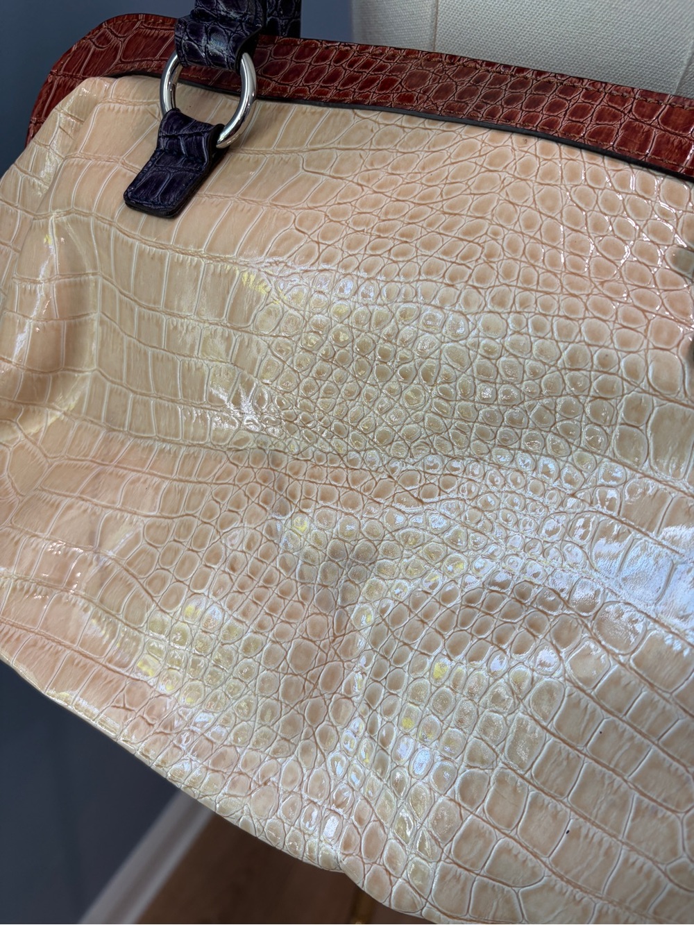 GUESS Croc Embossed Satchel Cream Brown Purple Patent Shoulder Handbag - Picture 9 of 12